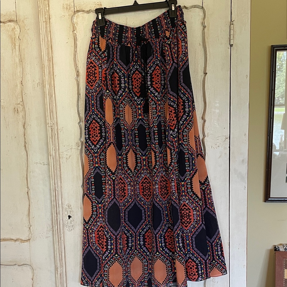 Maeve Skirt with Orange and Navy Pattern. Lightweight fabric elastic waist.
